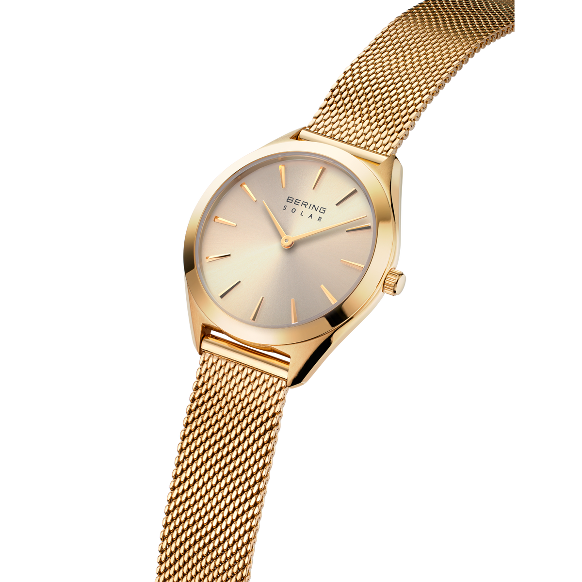 Orologio BERING con braccialetto a maglia dorato e quadrante crema, vista laterale della struttura di braccialetto e cassa