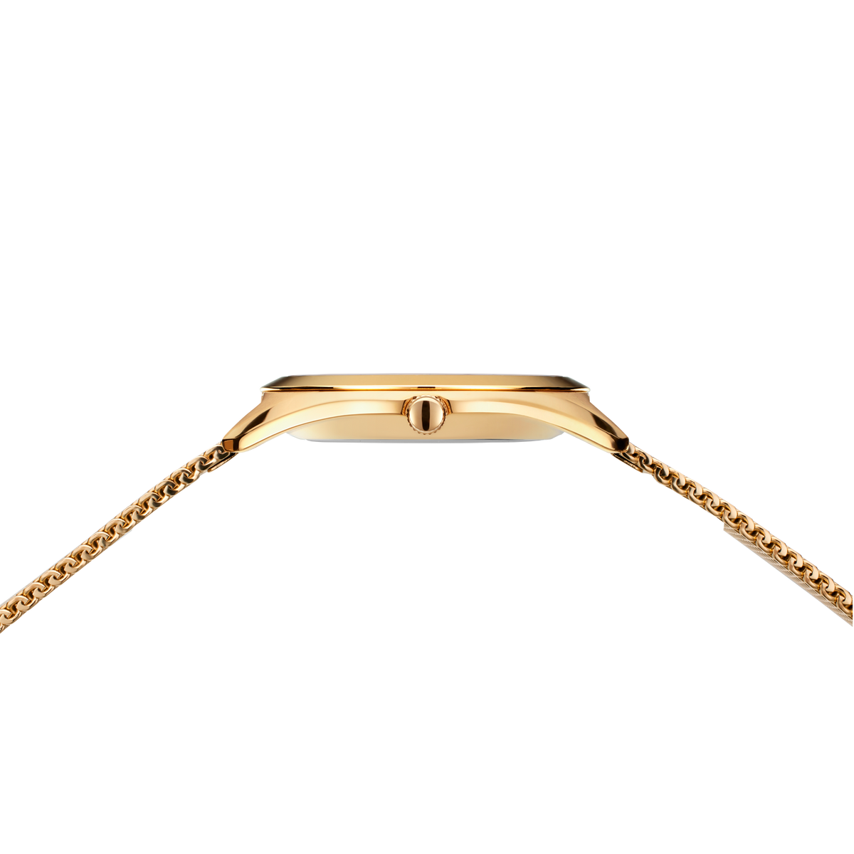 Cassa orologio rettangolare dorata con bracciale a catena, vista dall'alto mostra profilo e attacco della catena.