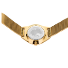Orologio con cinturino a maglia dorato, vista posteriore di cassa e chiusura