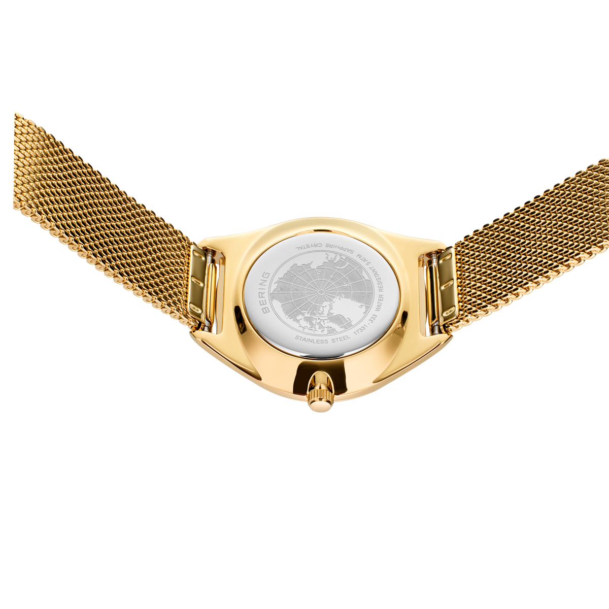 Orologio con cinturino a maglia dorato, vista posteriore di cassa e chiusura