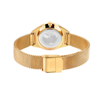 Orologio con cinturino maglia dorato, vista posteriore con fondello trasparente e quadrante bianco, chiusura magnetica.