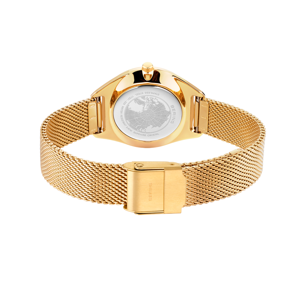 Orologio con cinturino maglia dorato, vista posteriore con fondello trasparente e quadrante bianco, chiusura magnetica.