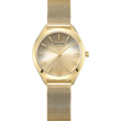 Goudkleurig BERING SOLAR horloge met champagnekleurige wijzerplaat en mesh-band, gezien van voren op witte achtergrond.