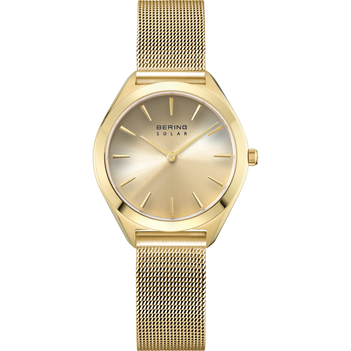Orologio BERING SOLAR tonalità oro con quadrante champagne e cinturino mesh, vista frontale su sfondo bianco.