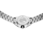 Vista inferiore orologio acciaio con bracciale a maglie, quadrante rotondo e corona