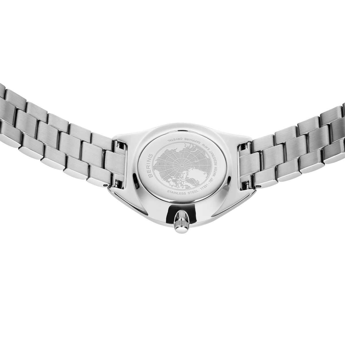 Vista inferiore orologio acciaio con bracciale a maglie, quadrante rotondo e corona