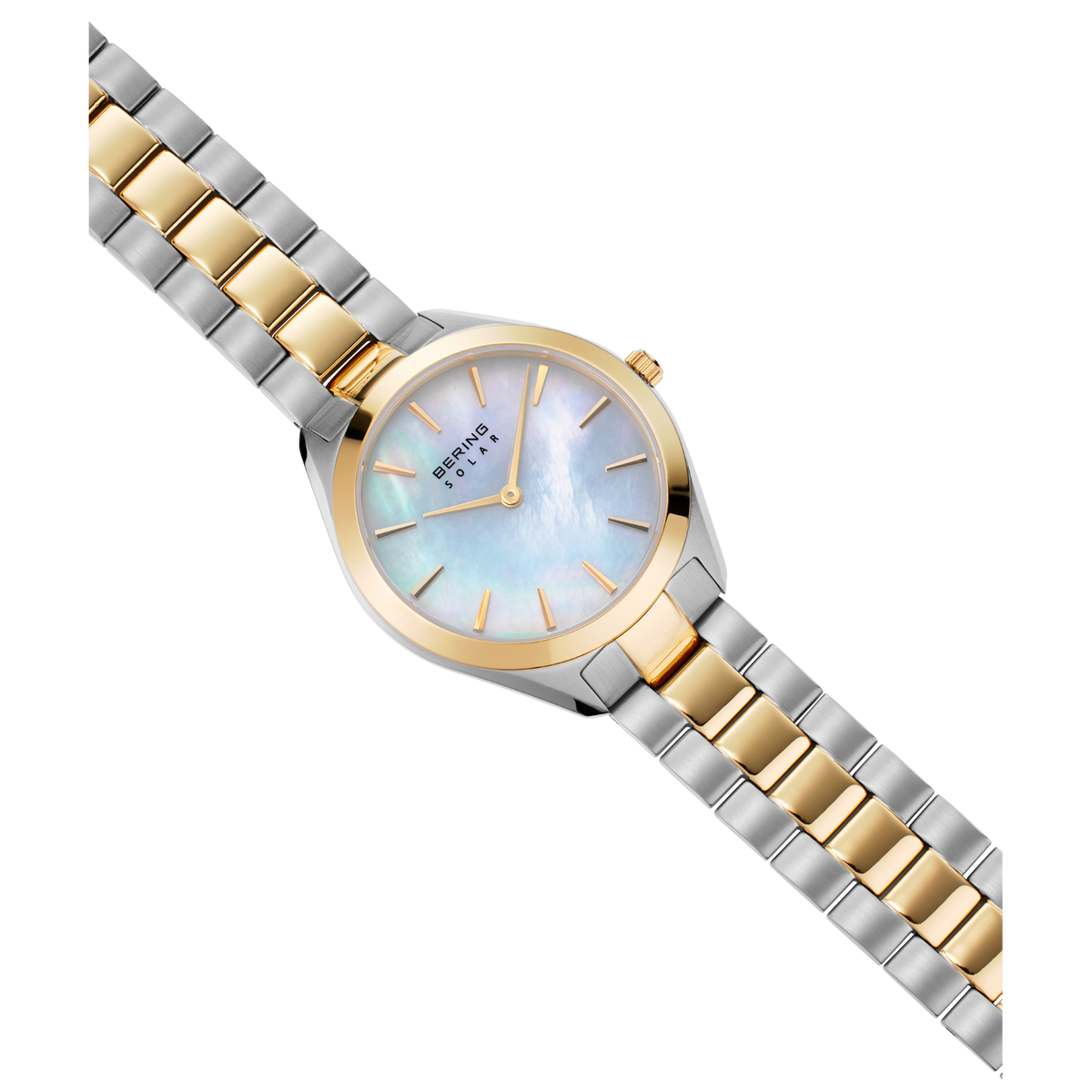 Orologio BERING bicolore con bracciale in acciaio e oro, quadrante blu chiaro e indici applicati.