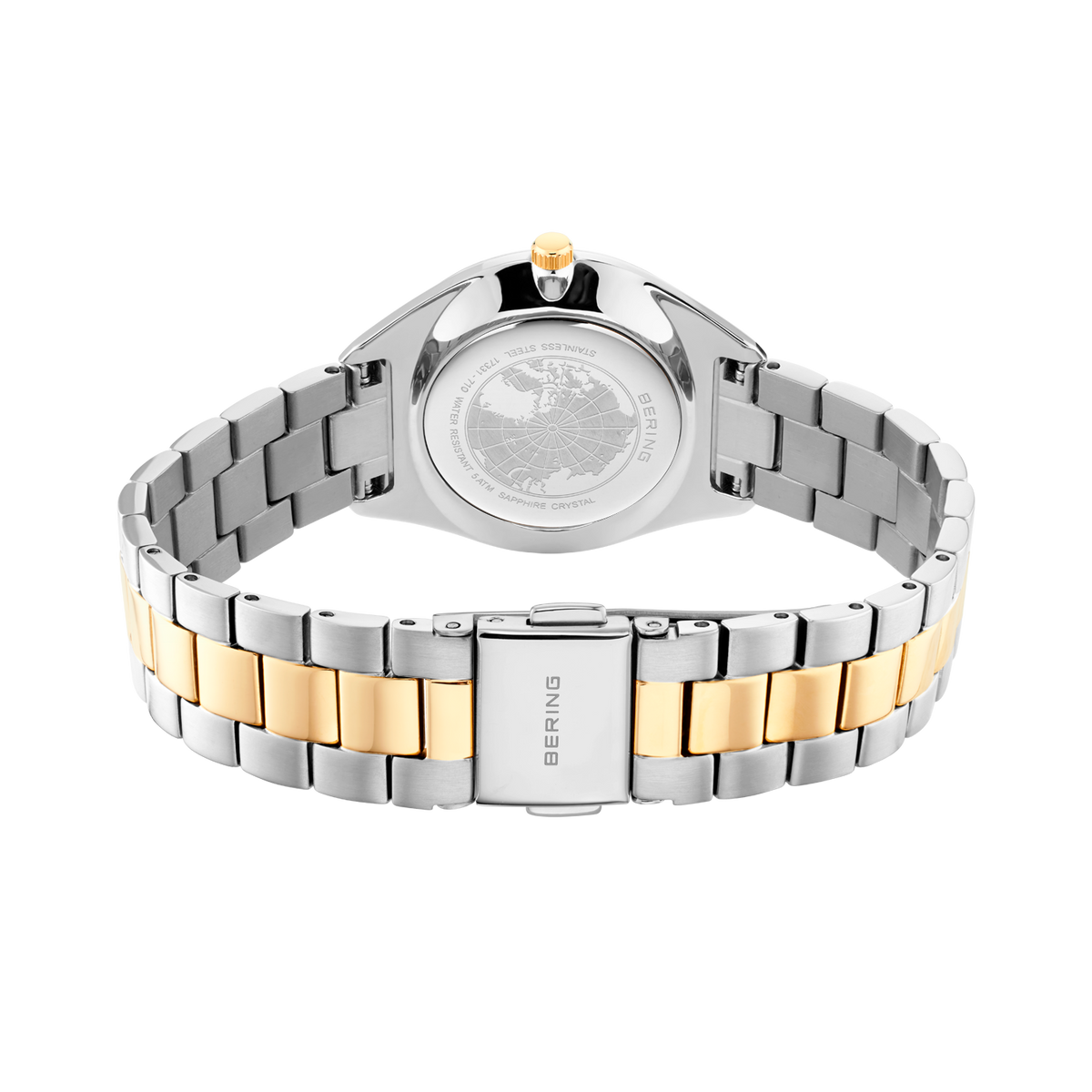Retro dell'orologio con finestra trasparente che mostra il movimento, corona dorata, cinturino bicolore acciaio e oro.