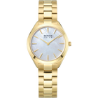 Orologio elegante color oro con quadrante blu pallido, lancette argentate e marchio BERING SOLAR