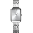 Silberne Edelstahl-Quadratuhr mit Gliedband und römischen Ziffern auf dem Zifferblatt.