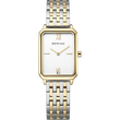 Twee-kleurig rechthoekig polshorloge met witte wijzerplaat, Romeinse cijfers, gouden wijzers en armband.