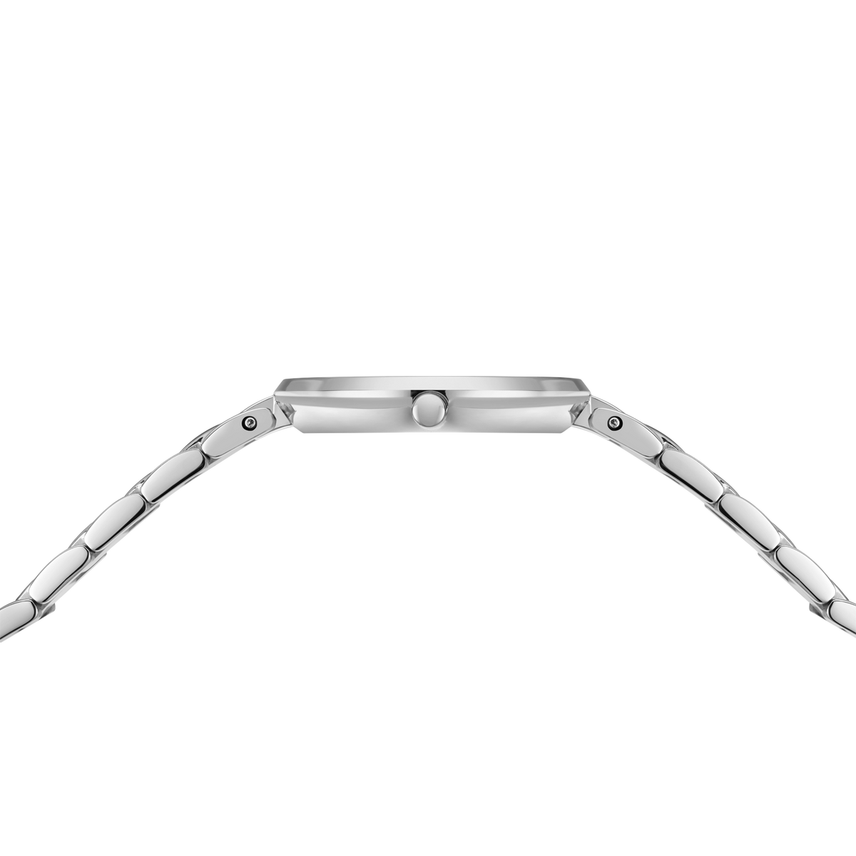 Boîtier rectangulaire en acier inoxydable vu de côté, avec bracelet métal segmenté et couronne.