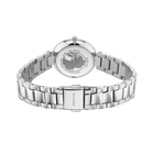 Montre en acier argent avec caseback transparent affichant le mécanisme, bracelet en acier inoxydable.