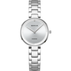 Montre ronde en acier avec cadran blanc, texte BERING et DIAMOND, deux aiguilles, bracelet à mailles.