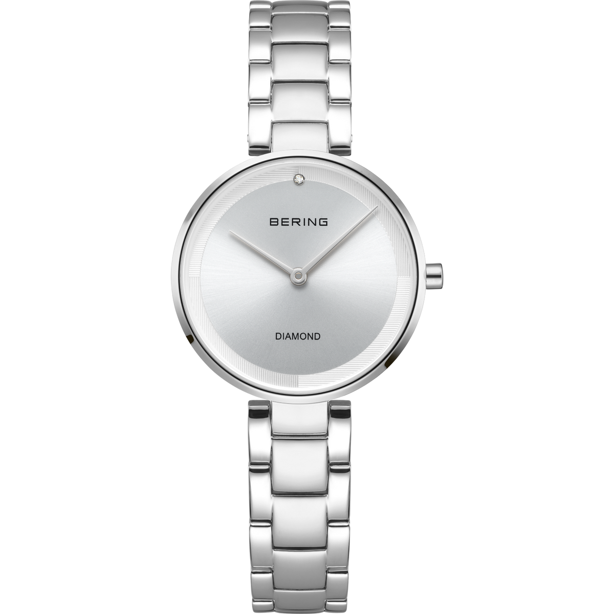 Montre ronde en acier avec cadran blanc, texte BERING et DIAMOND, deux aiguilles, bracelet à mailles.