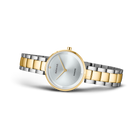 Two-tone stainless steel wristwatch with round white dial and mixed silver-gold bracelet links