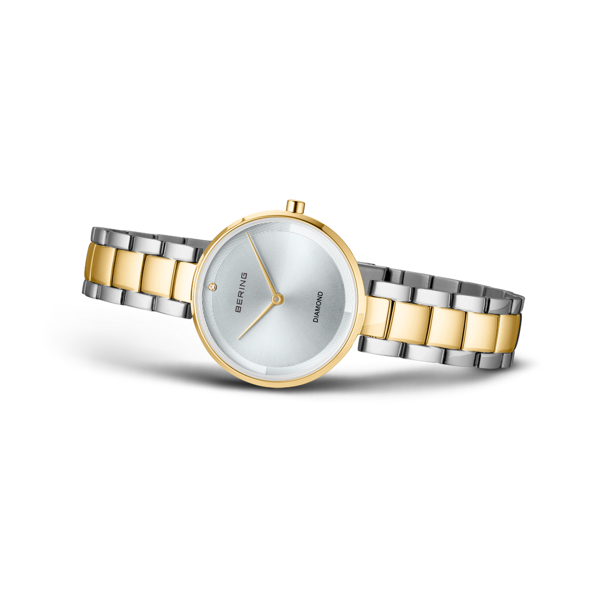 Two-tone stainless steel wristwatch with round white dial and mixed silver-gold bracelet links