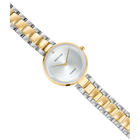 Two-tone watch with round white dial, alternating gold and silver bracelet links, photographed from above.