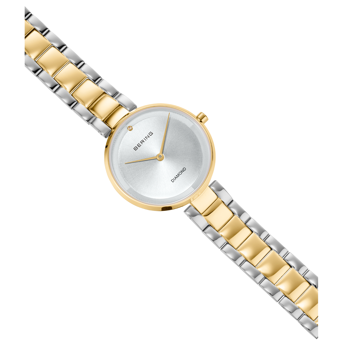 Two-tone watch with round white dial, alternating gold and silver bracelet links, photographed from above.