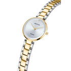 BERING wristwatch angled view showing two-tone silver and gold bracelet, white dial, and minimalist design.