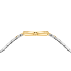 Gold rectangular watch case with crown, silver link bracelet extending from lugs, top view