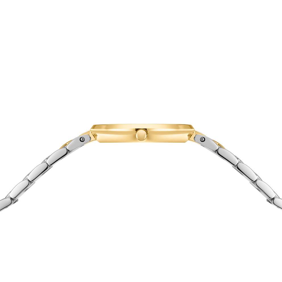 Gold rectangular watch case with crown, silver link bracelet extending from lugs, top view