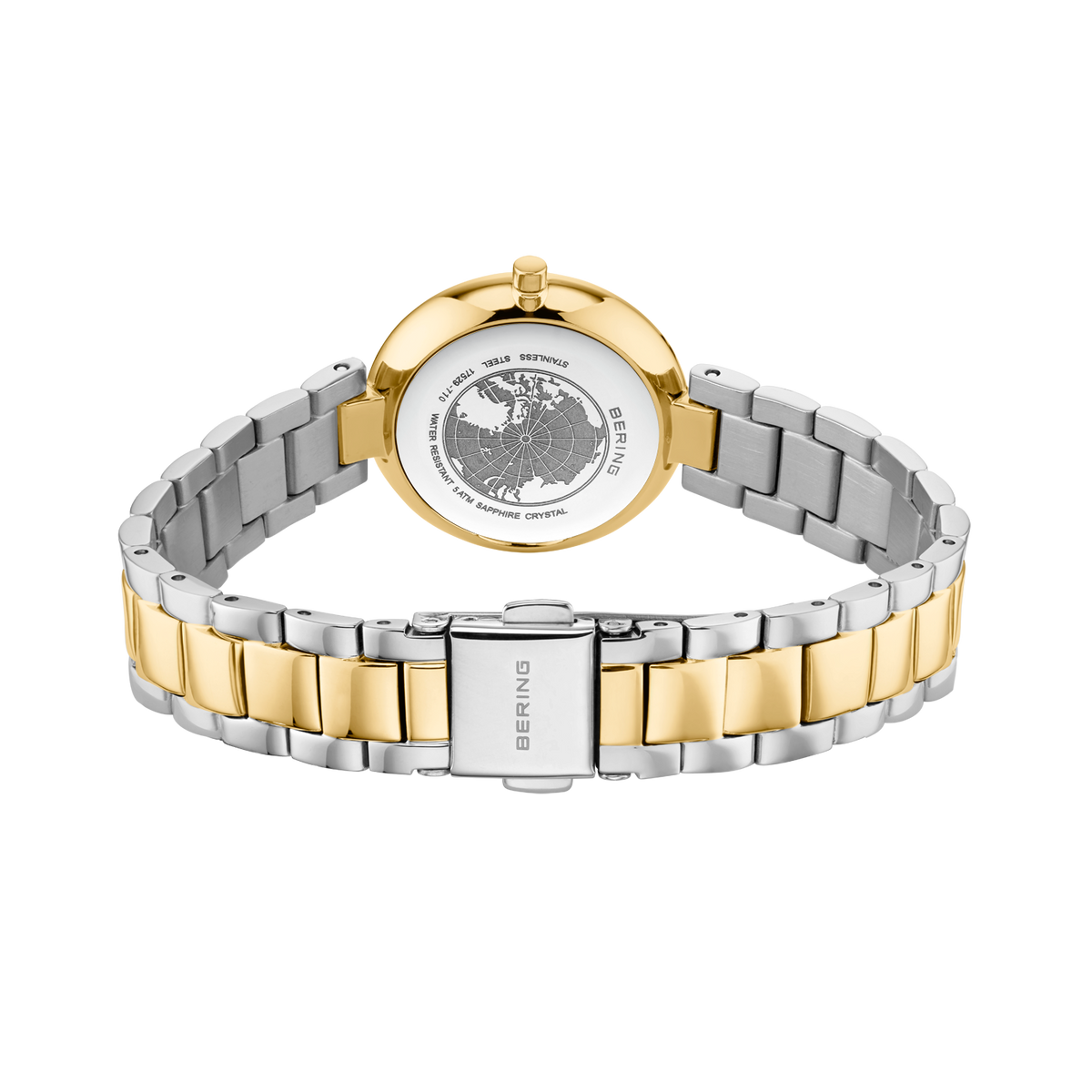 BERING watch 17529-710 rear view with two-tone bracelet in alternating silver and gold links and deployant clasp
