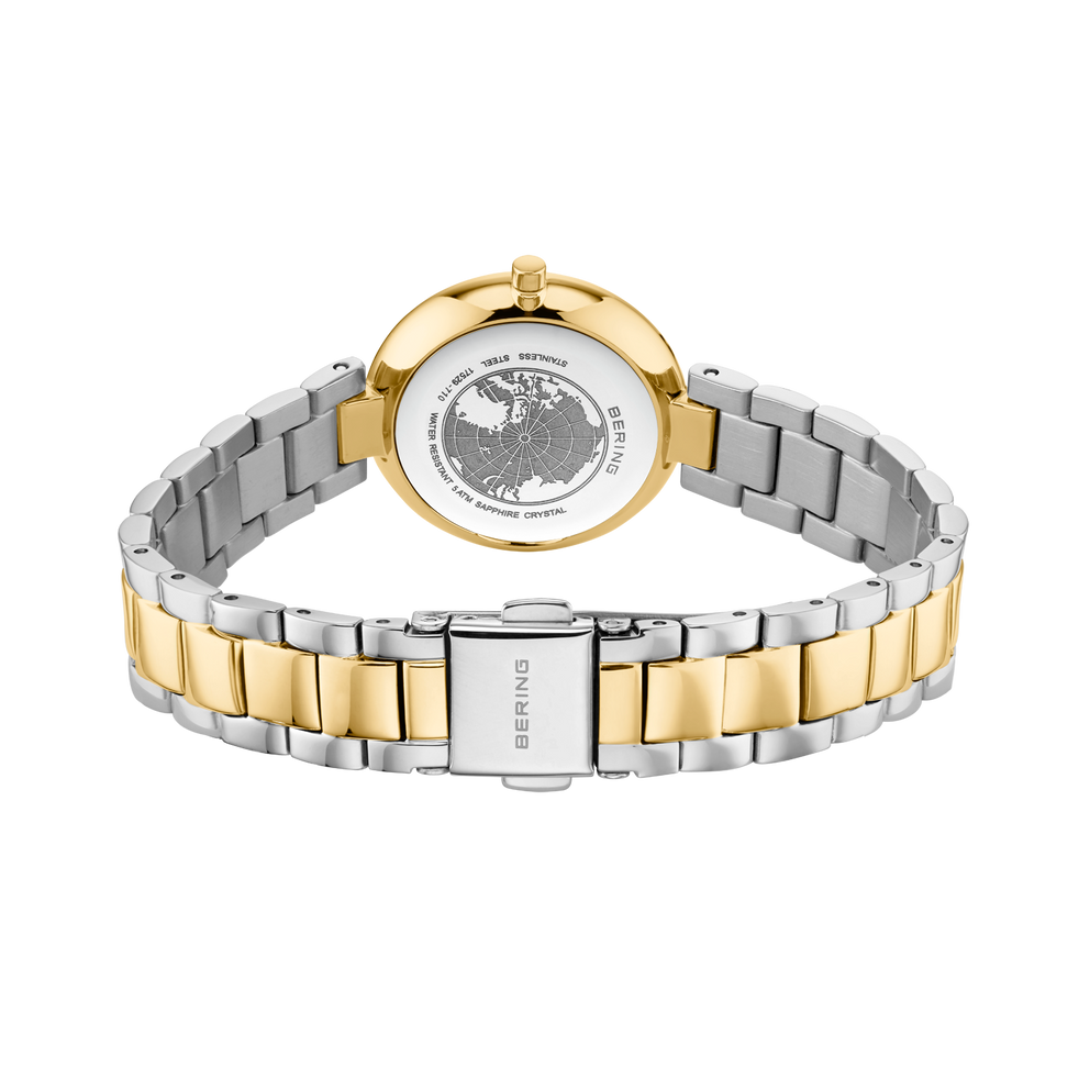 BERING watch 17529-710 rear view with two-tone bracelet in alternating silver and gold links and deployant clasp