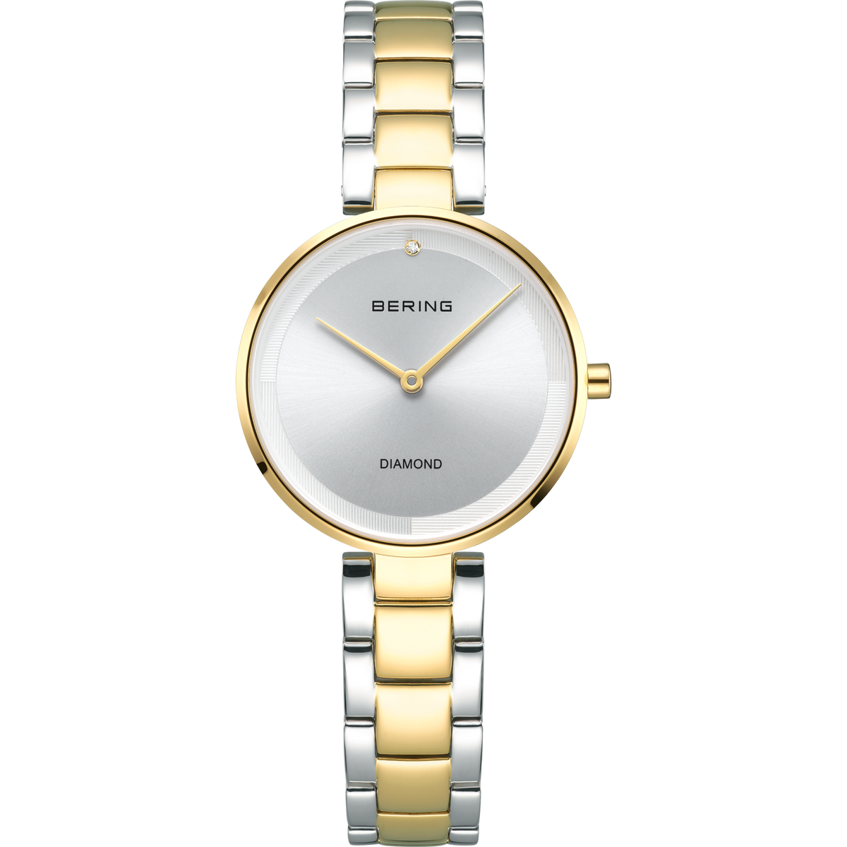 Two-tone BERING watch with white dial, gold hands, and mixed-metal bracelet