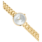 Reloj BERING tonalidad dorada con esfera redonda y agujas minimalistas, vista en ángulo con pulsera completa