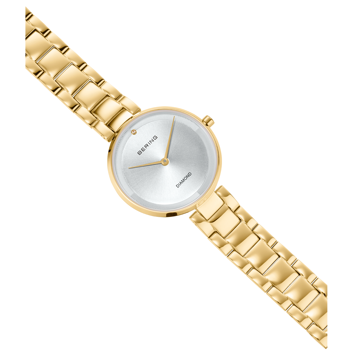 Reloj BERING tonalidad dorada con esfera redonda y agujas minimalistas, vista en ángulo con pulsera completa