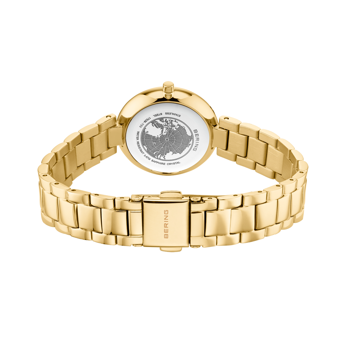 Vista trasera de reloj con pulsera eslabonada dorada, mostrando caja y eslabones.