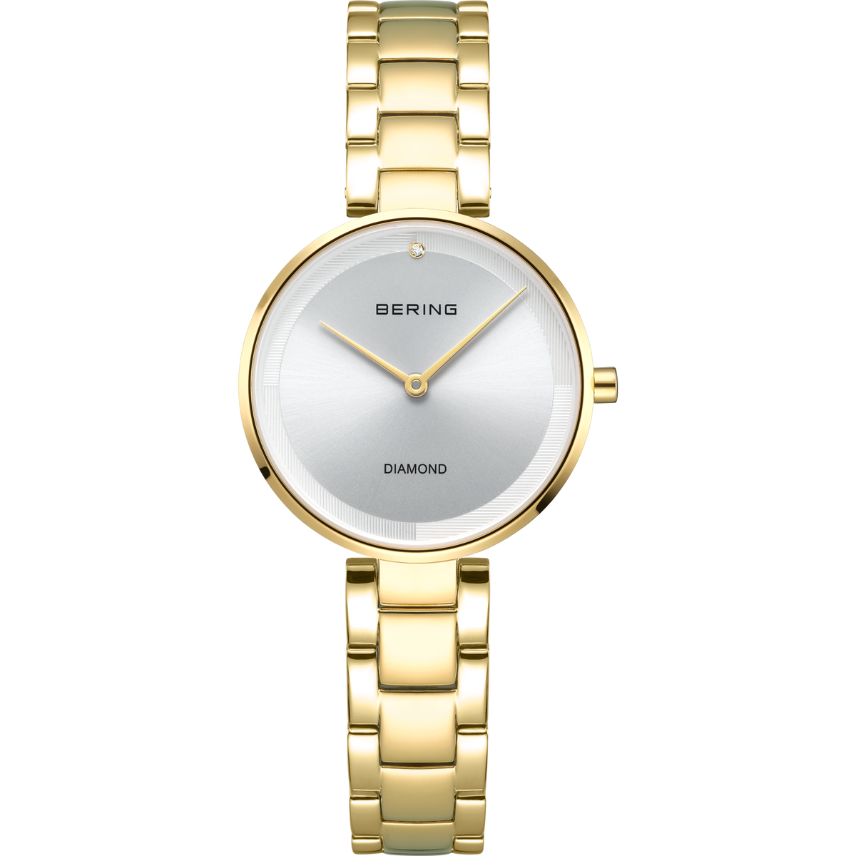 Reloj de pulsera BERING dorado con esfera blanca y brazalete de eslabones, vista completa