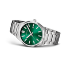 Stainless steel wristwatch with green dial and white indices, shown from the left side.