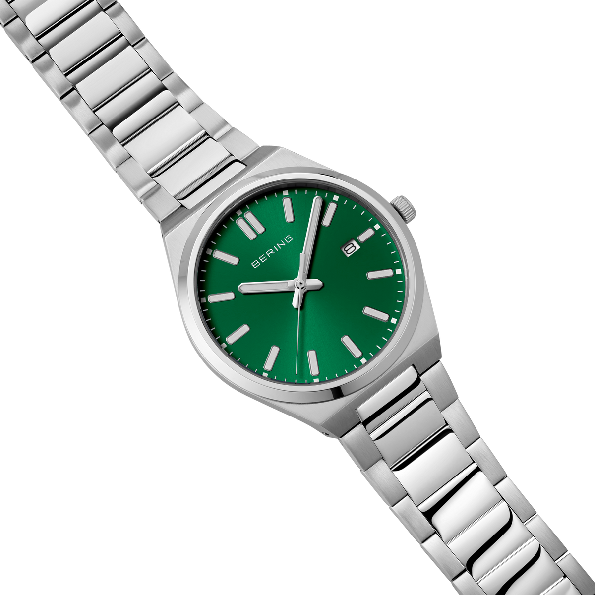 Stainless steel wristwatch with green dial and white hour markers, photographed at angle to show link bracelet.