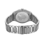 Back view of BERING wristwatch with three-link stainless steel bracelet and visible case back