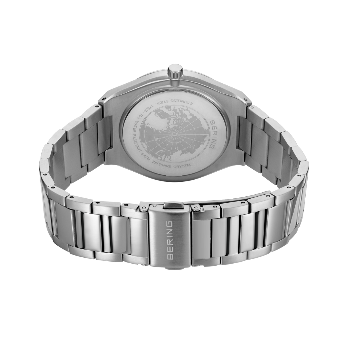 Back view of BERING wristwatch with three-link stainless steel bracelet and visible case back