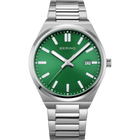 BERING stainless steel watch with green dial, white markers and hands, date window, metal bracelet