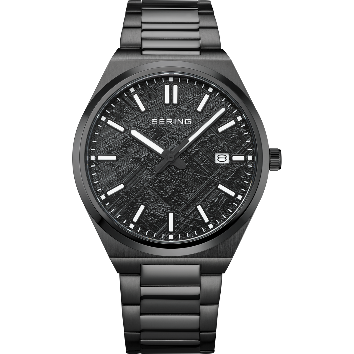 Reloj BERING para hombre, caja acero gris, pulsera eslabones, esfera texturizada, índices blancos, ventana de fecha.