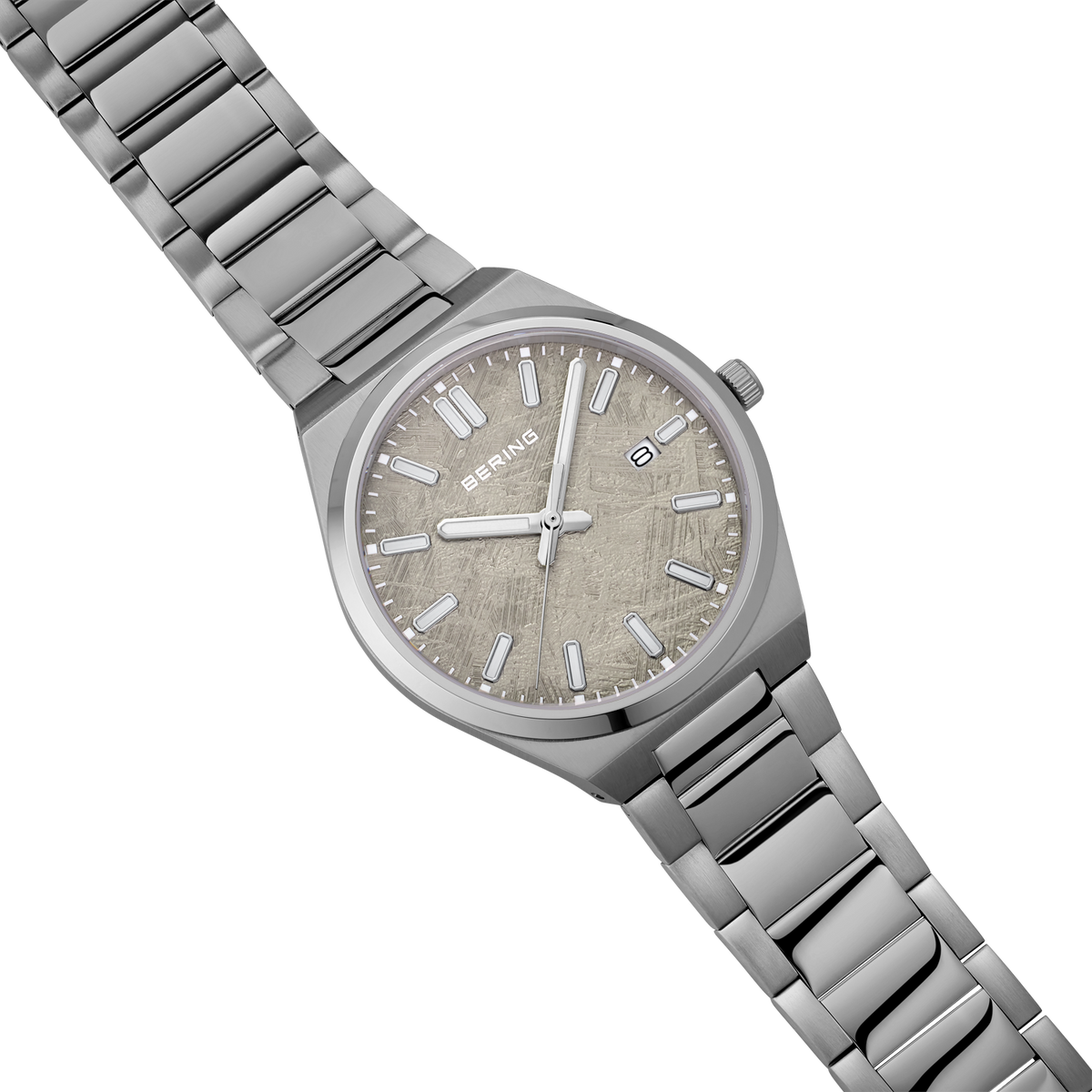 BERING watch with beige dial, applied indices, and steel link bracelet, angled view.