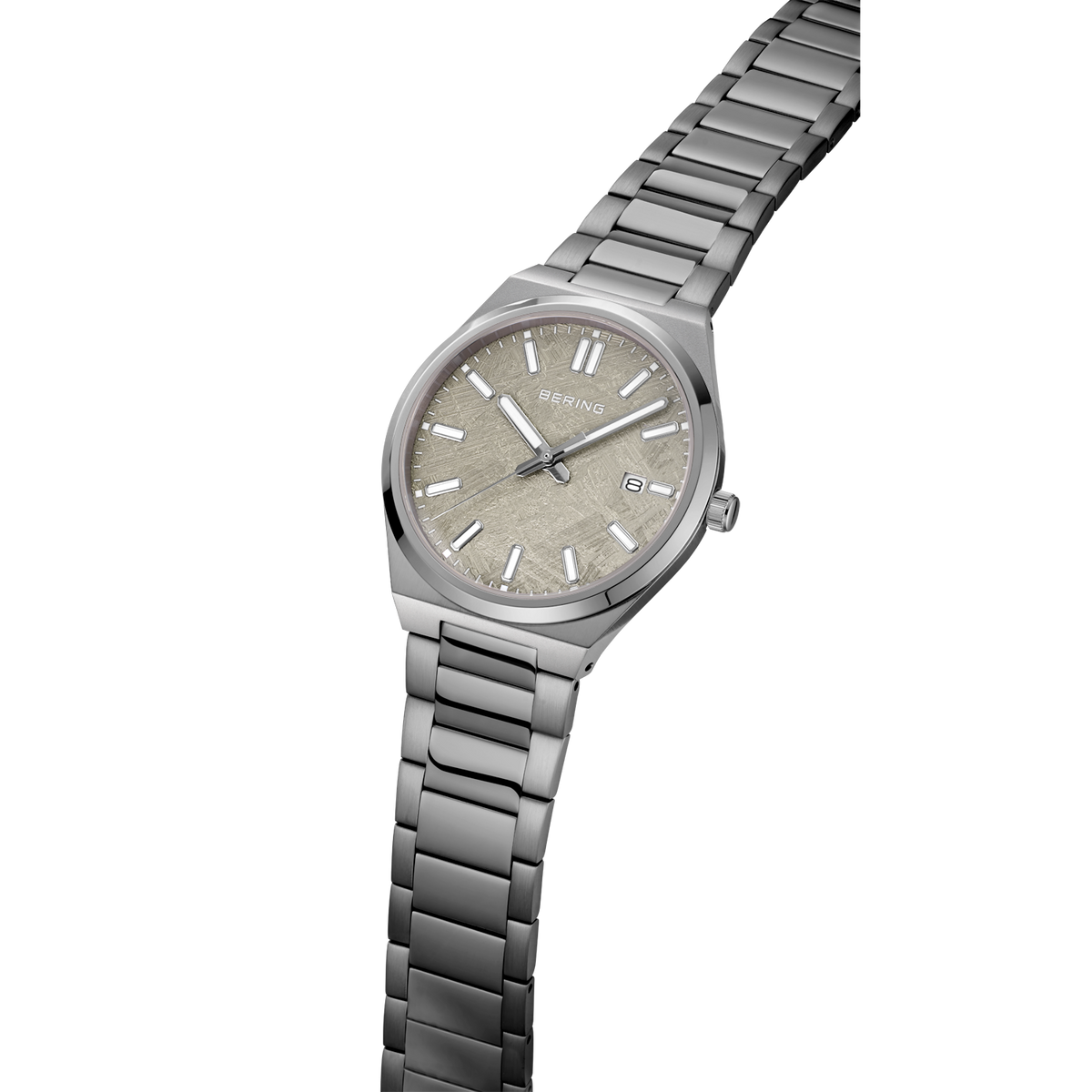 Watch at an angle showing the grey dial with indices and metal link bracelet.