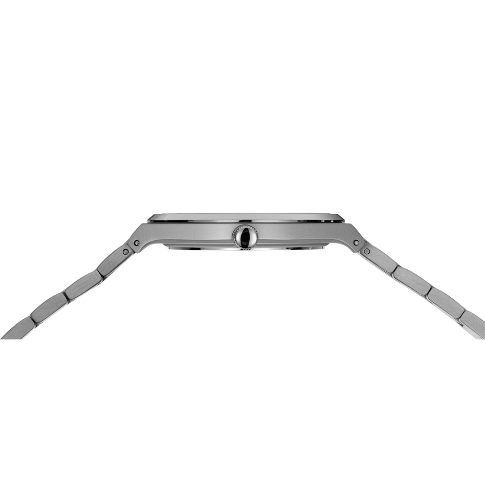 Watch side profile showing rectangular case and segmented steel bracelet