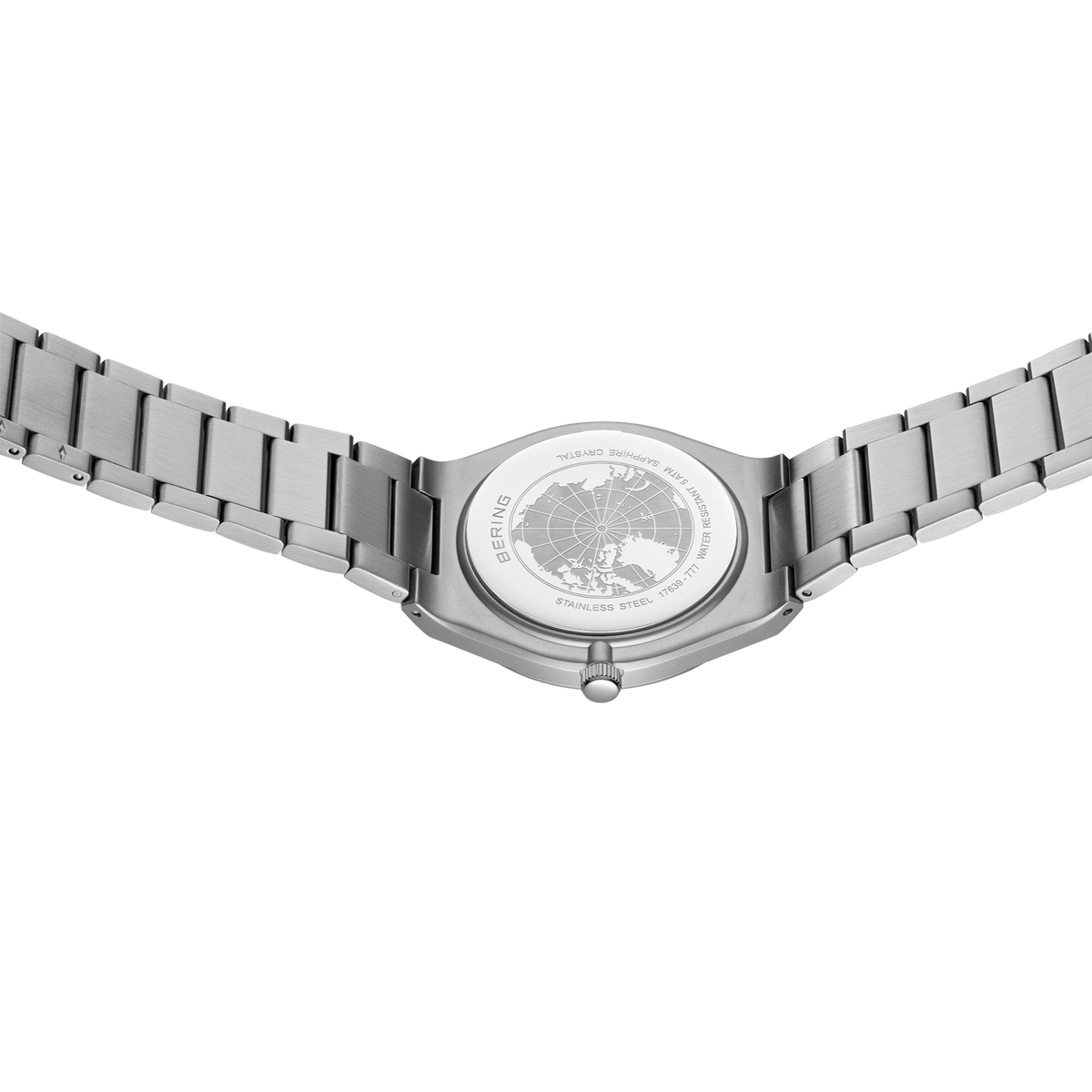 BERING wristwatch with metal bracelet spread open in V-shape, showing case and linked band from above.