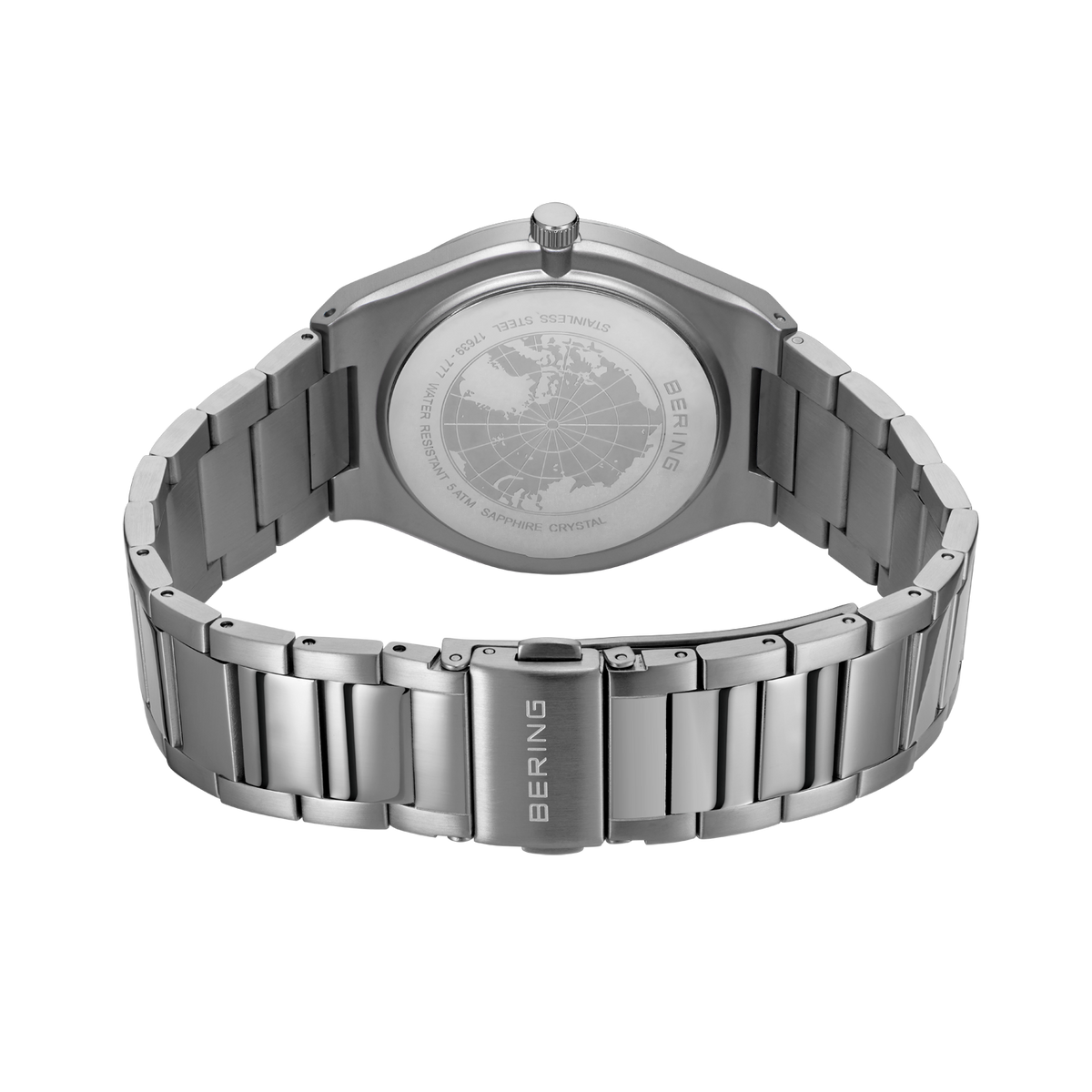 BERING watch with metal bracelet, photographed from the rear showing engraved case back and articulated links.