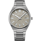 BERING stainless steel watch with textured dial, white markers, date window, and metal bracelet.
