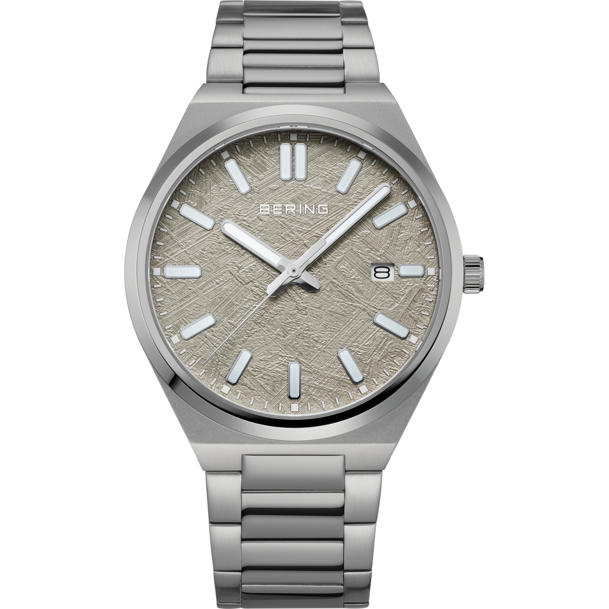 BERING stainless steel watch with textured dial, white markers, date window, and metal bracelet.