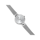 Silver BERING wristwatch with round dial and mesh bracelet, positioned diagonally on white background.