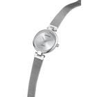 BERING wristwatch with silver dial and woven mesh band, angled view of watch face and bracelet