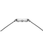 Top view of watch case with metal mesh bracelets on both sides and minimalist dial in silver tone.