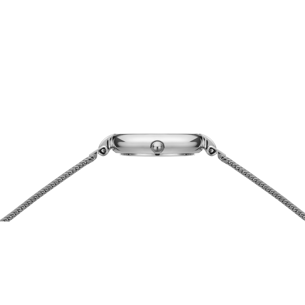 Top view of watch case with metal mesh bracelets on both sides and minimalist dial in silver tone.
